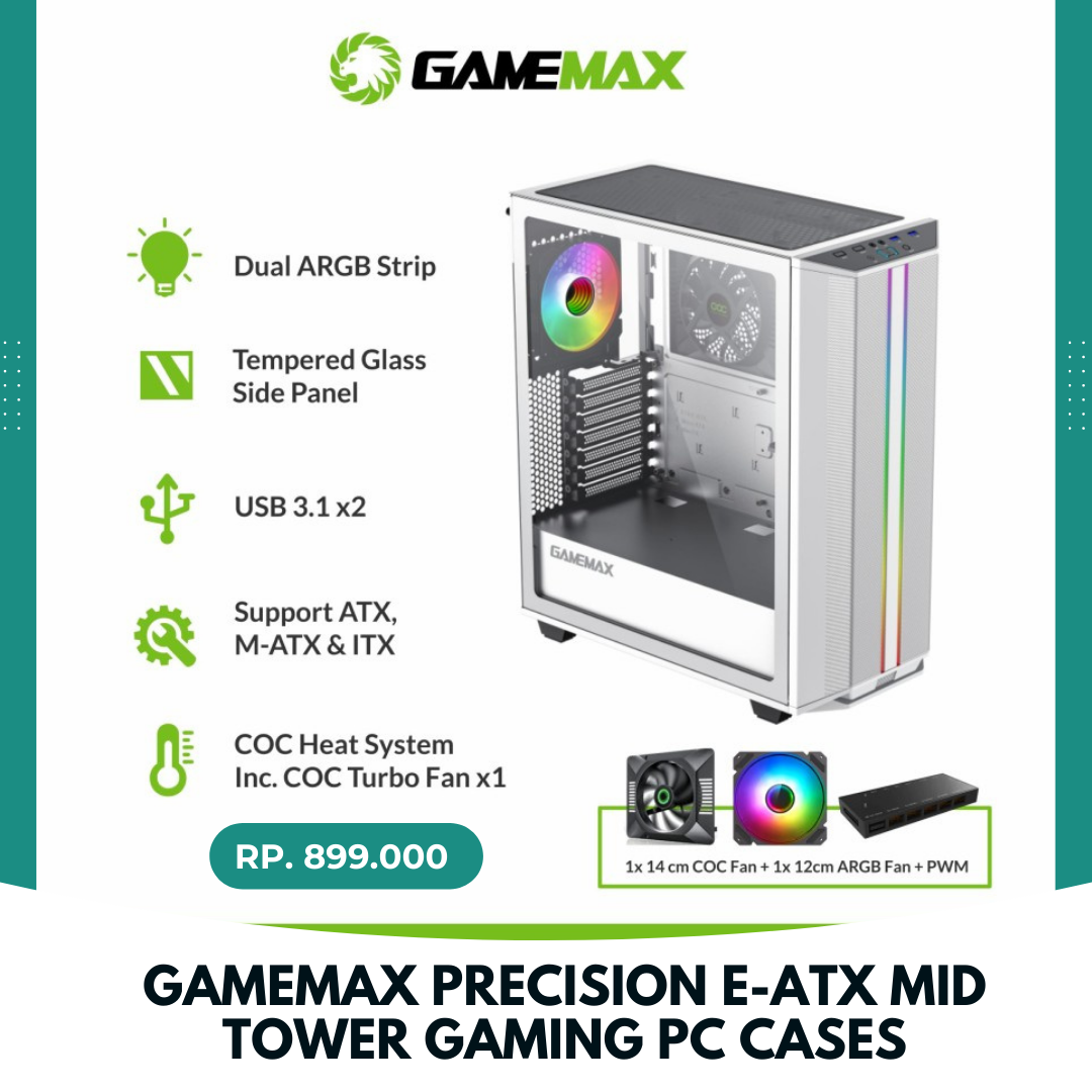 GameMax Precision EATX Mid Tower Gaming PC Cases White Quadra Computer