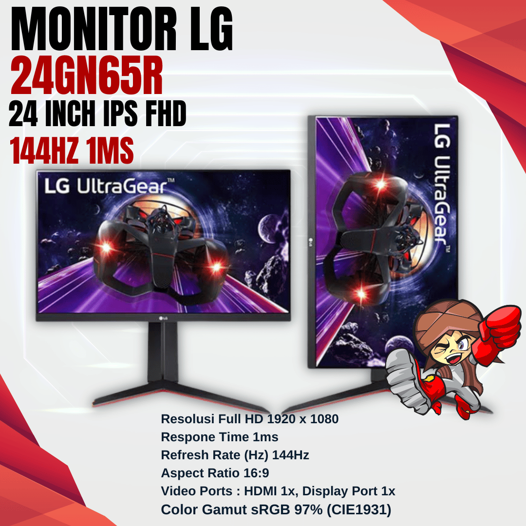 LED Monitor LG 24GN65R 24 Inch IPS Full HD 144Hz 1ms | Quadra Computer